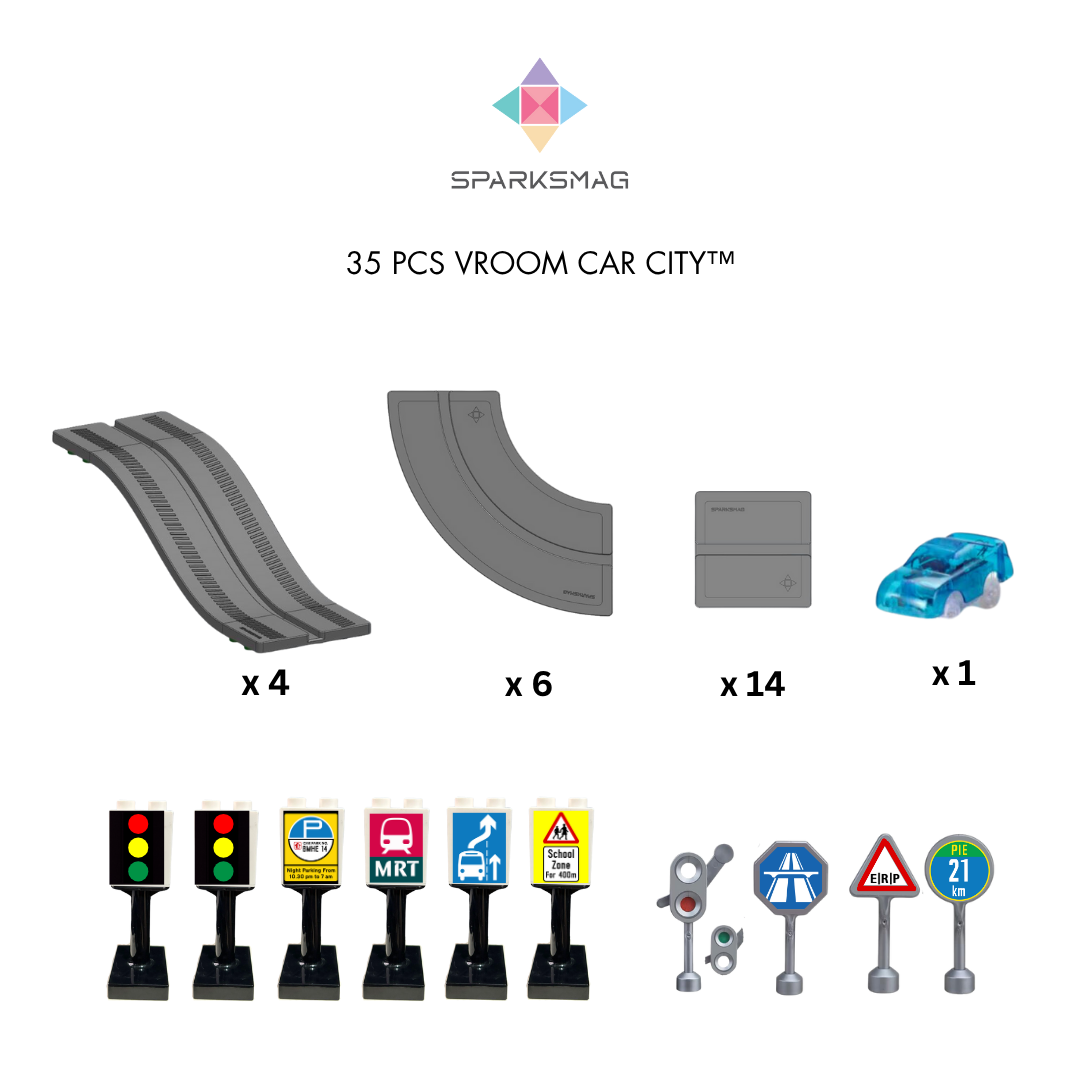 SparksMag Vroom Car City® Starter Set (35 PCS) – Magnetic Road & Car Building Set | Duplo®-Compatible STEM Toy for Kids
