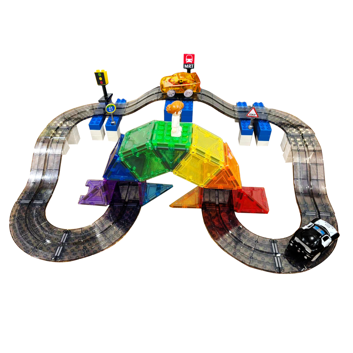 SparksMag Vroom Car City® Grande Set (60 PCS) – Magnetic Road & Car Building Set | Duplo®-Compatible STEM Magnetic Tiles Toy