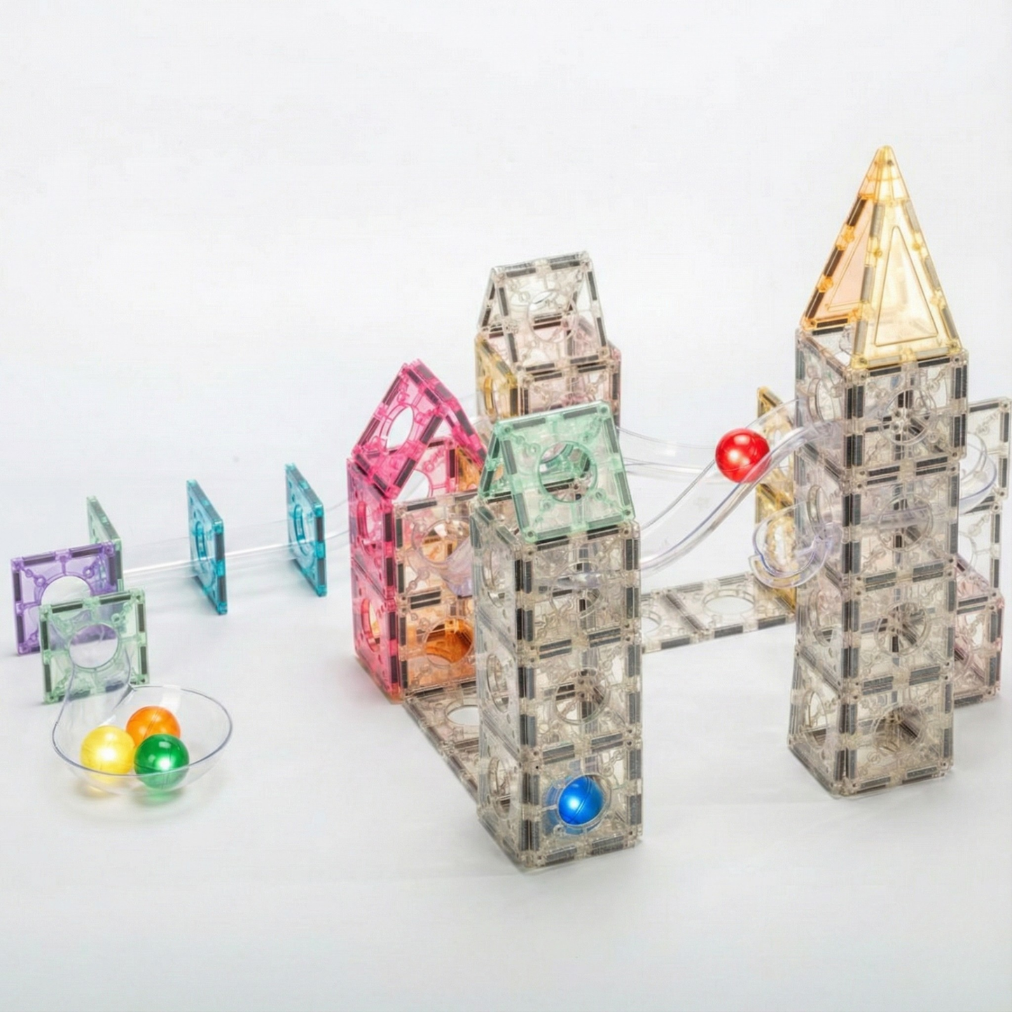 SparksMag Glitter Marble Run Mega Set – 120 PCS Magnetic Tubes + 5 LED Light-Up Balls | Sparkling STEM Building Kit for Kids