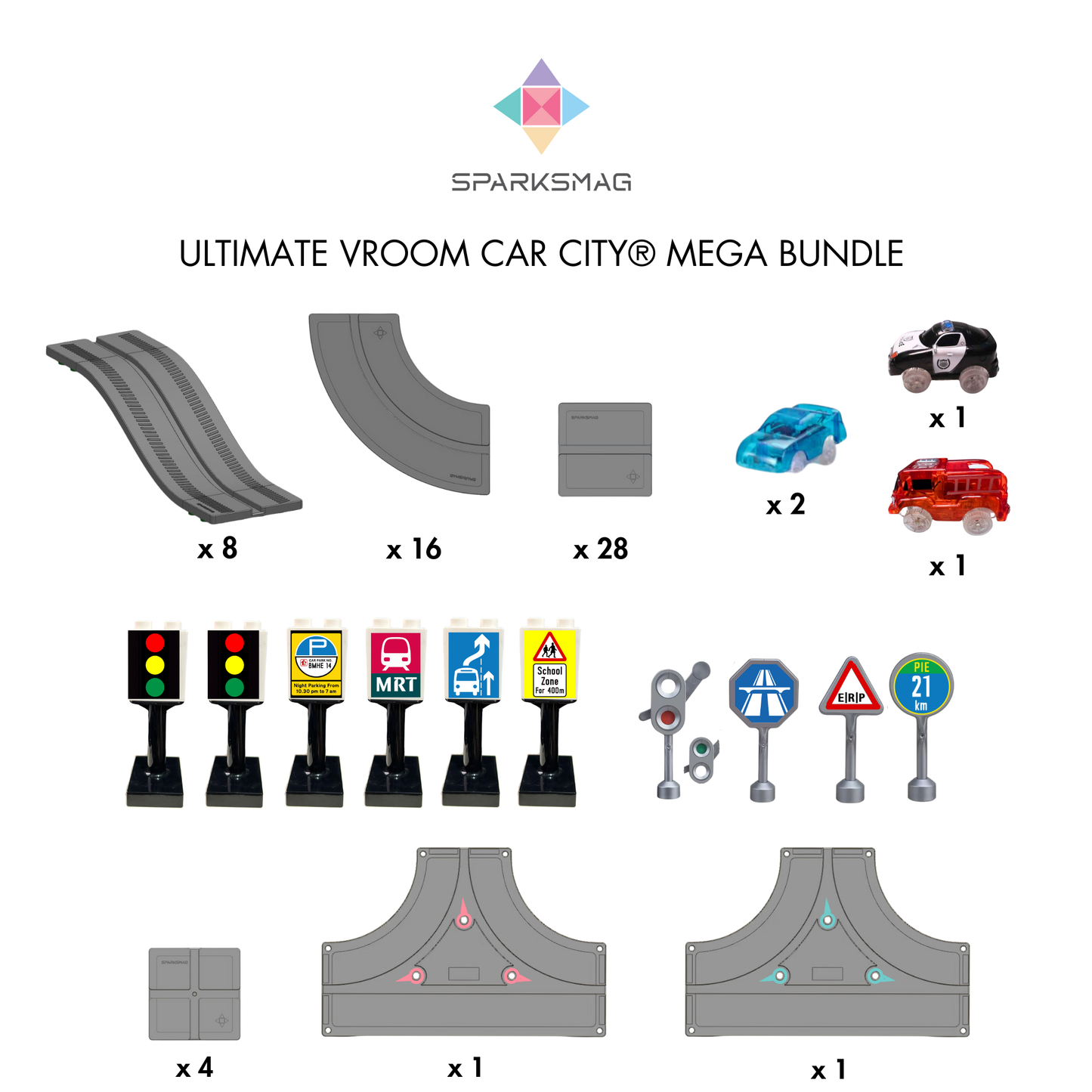 SparksMag Vroom Car City® Ultimate Mega Bundle – 60 PCS Road Set + 10 PCS Expansion + Police Car & Fire Engine | Duplo®-Compatible STEM Magnetic Car Play Set