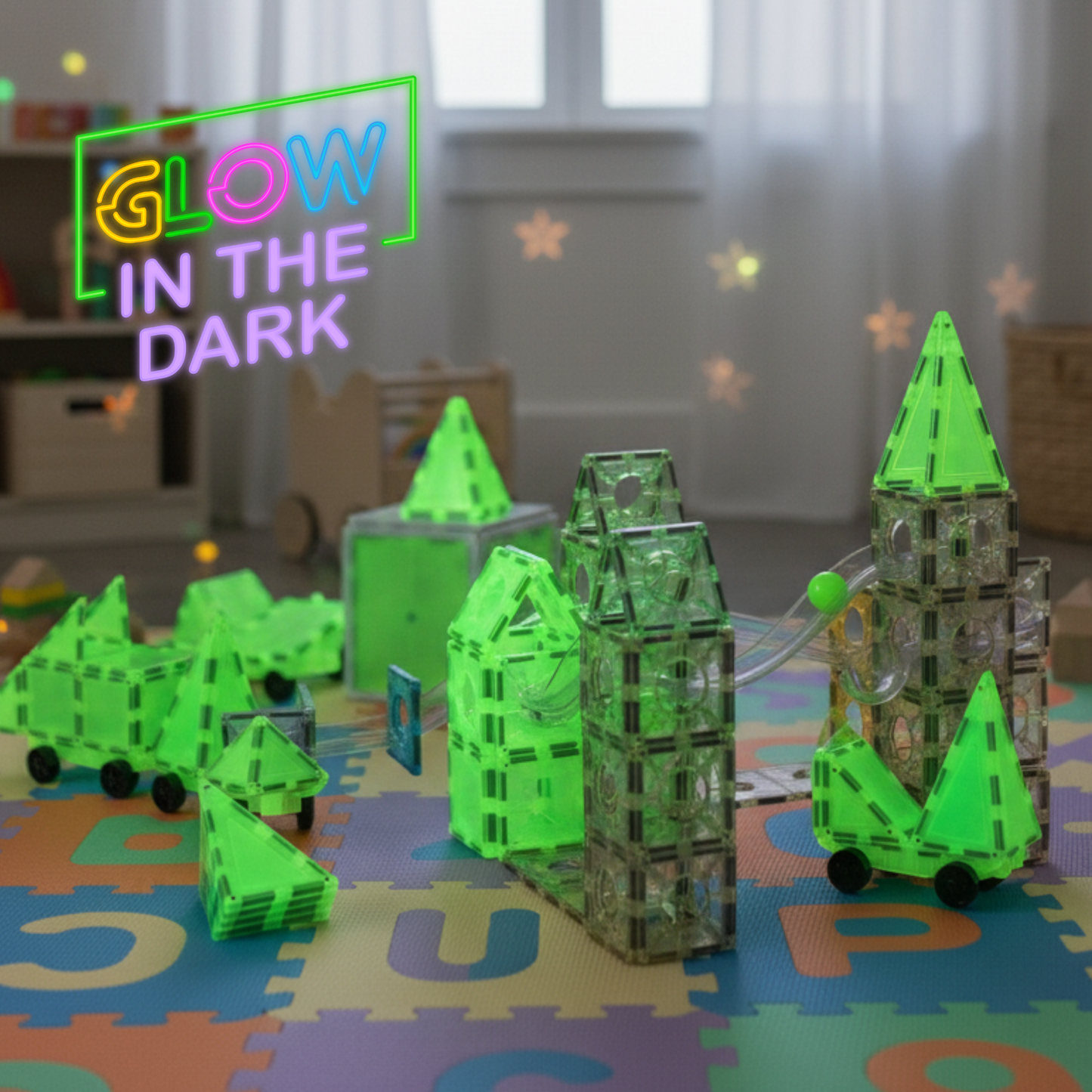 SparksMag Lumos Glow-in-the-Dark Magnetic Tiles (22 PCS) – Light-Up STEM Building Set for Kids