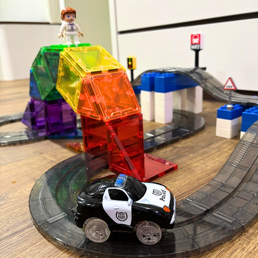 SparksMag Vroom Car City® Grande Set (60 PCS) – Magnetic Road & Car Building Set | Duplo®-Compatible STEM Magnetic Tiles Toy