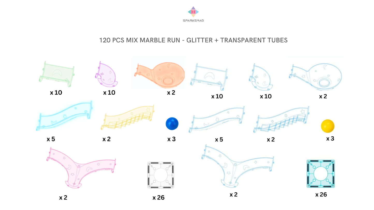 120 PIECES MARBLE RUN MIX - GLITTER & TRANSPARENT TUBES