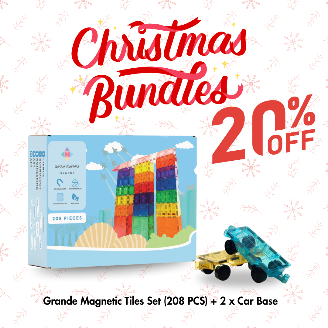 SparksMag Grande Builder Bundle – 208 PCS Magnetic Tiles + 2 Car Bases | STEM Construction Set for Creative Kids