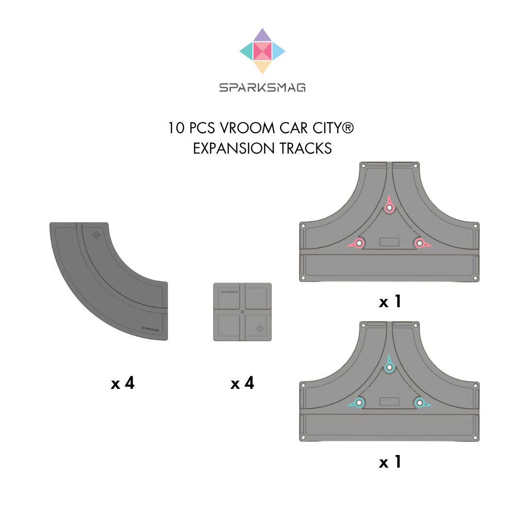SparksMag Vroom Car City® Expansion Set (10 PCS) – Add-On Magnetic Road & Car Building Tiles | Lego® Duplo®-Compatible STEM Toy