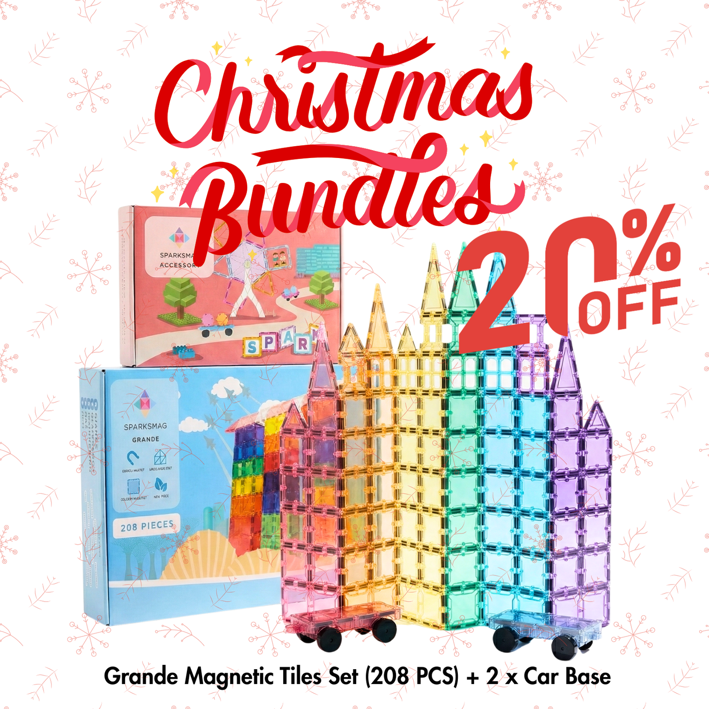 SparksMag Grande Builder Bundle – 208 PCS Magnetic Tiles + 2 Car Bases | STEM Construction Set for Creative Kids
