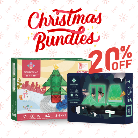 SparksMag Creative Glow Discovery Bundle – 32 PCS 3-in-1 Discovery Set + 22 PCS Lumos Glow-in-the-Dark Magnetic Tiles | STEM Building Set for Kids