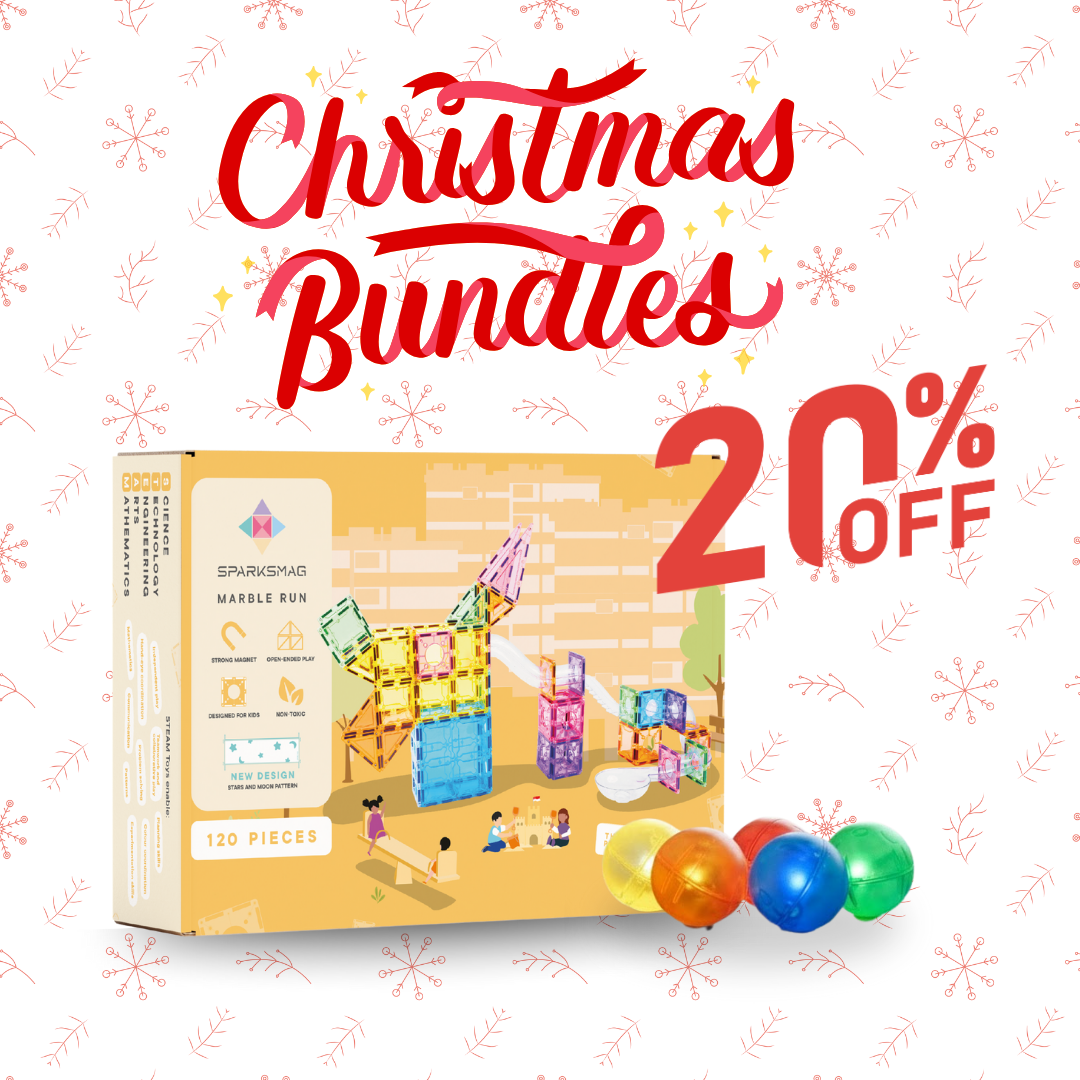 SparksMag Glitter Marble Run Mega Set – 120 PCS Magnetic Tubes + 5 LED Light-Up Balls | Sparkling STEM Building Kit for Kids