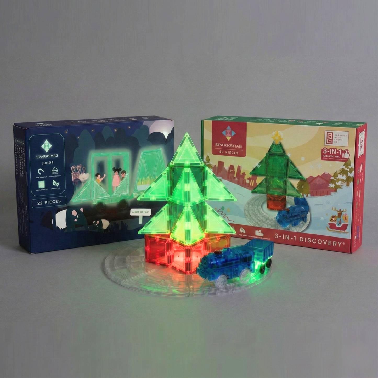 SparksMag Creative Glow Discovery Bundle – 32 PCS 3-in-1 Discovery Set + 22 PCS Lumos Glow-in-the-Dark Magnetic Tiles | STEM Building Set for Kids