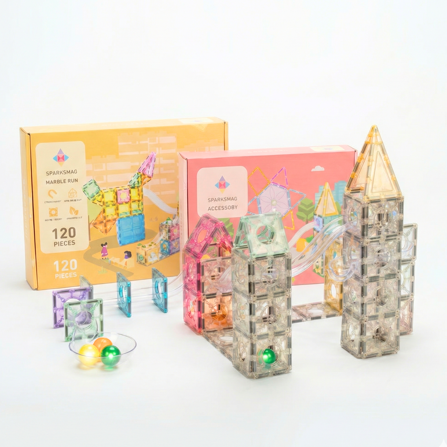 SparksMag Glitter Marble Run Mega Set – 120 PCS Magnetic Tubes + 5 LED Light-Up Balls | Sparkling STEM Building Kit for Kids