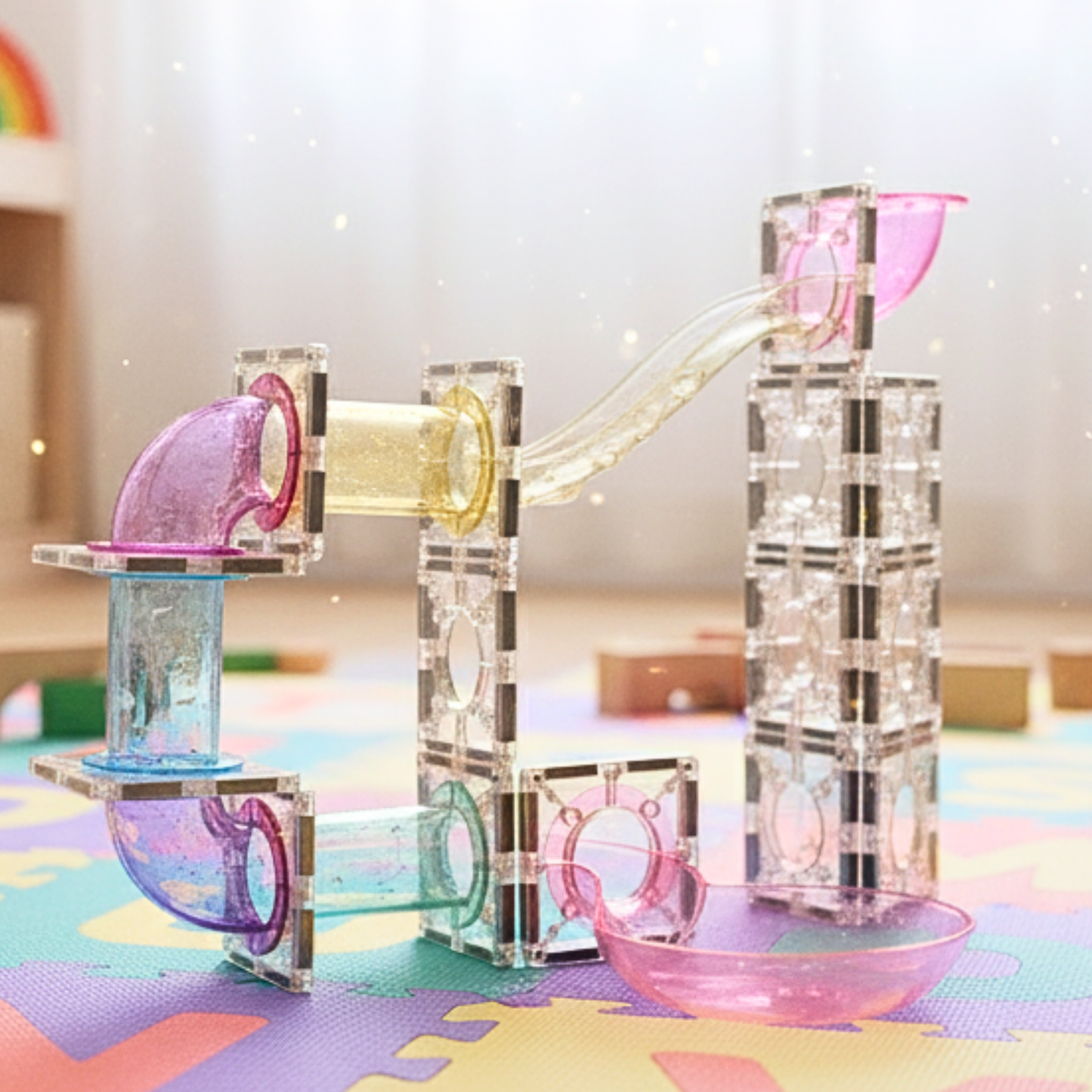 SparksMag Glitter Marble Run Set (120 PCS) – Colorful Magnetic Tubes Building Kit | STEM Toy for Creative Kids