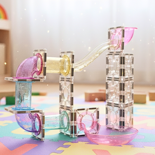 SparksMag Glitter Marble Run Set (120 PCS) – Colorful Magnetic Tubes Building Kit | STEM Toy for Creative Kids