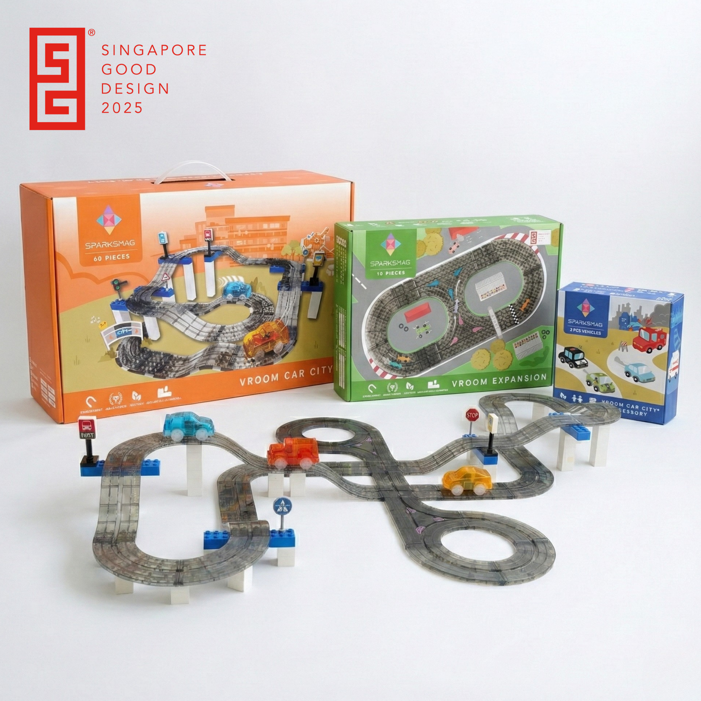 SparksMag Vroom Car City® Ultimate Mega Bundle – 60 PCS Road Set + 10 PCS Expansion + Police Car & Fire Engine | Duplo®-Compatible STEM Magnetic Car Play Set