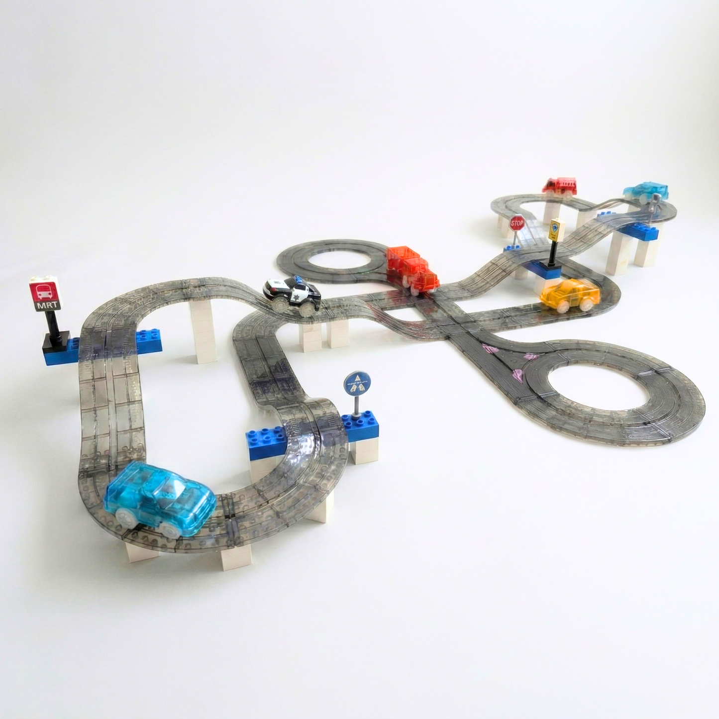 SparksMag Vroom Car City® Ultimate Mega Bundle – 60 PCS Road Set + 10 PCS Expansion + Police Car & Fire Engine | Duplo®-Compatible STEM Magnetic Car Play Set