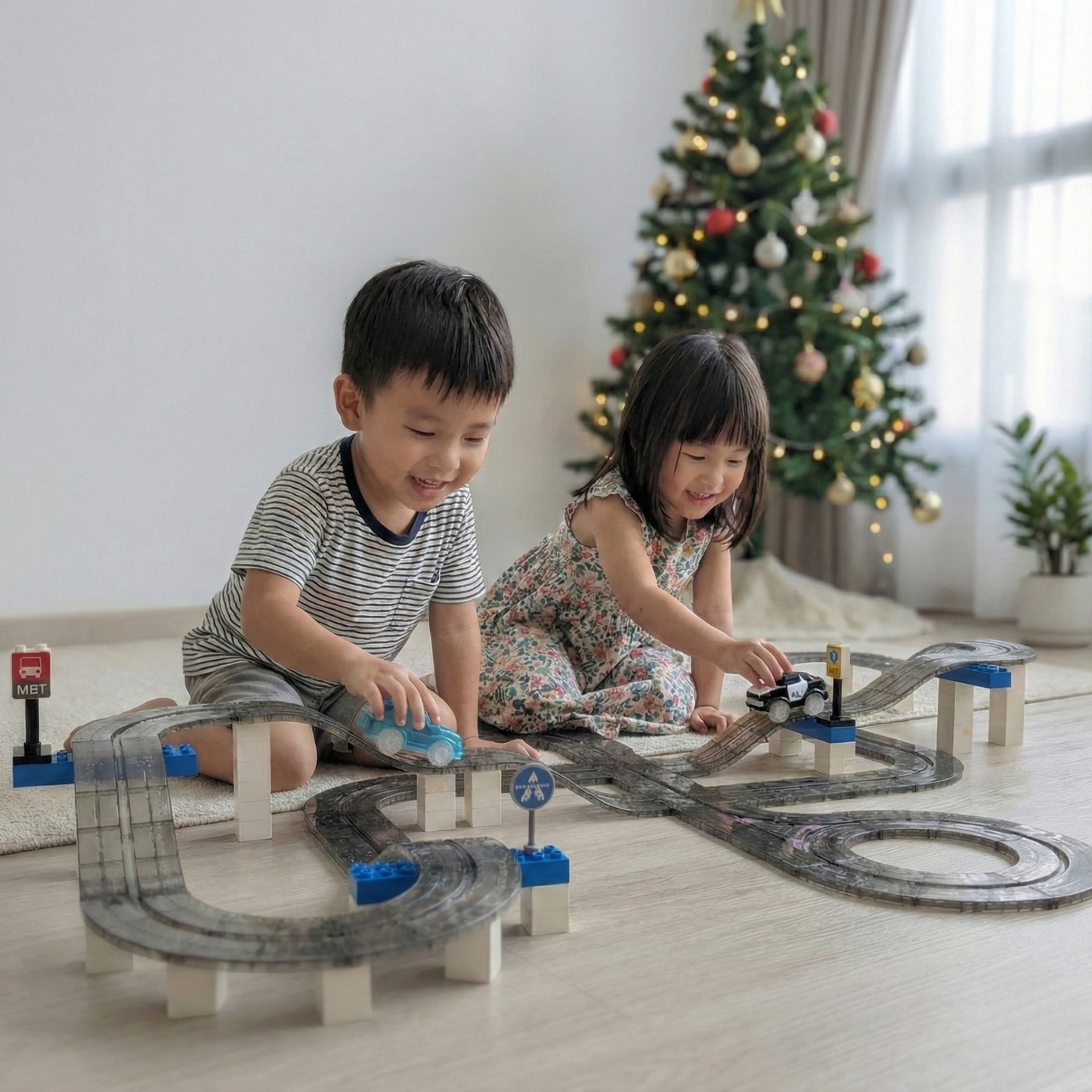 SparksMag Vroom Car City® Ultimate Mega Bundle – 60 PCS Road Set + 10 PCS Expansion + Police Car & Fire Engine | Duplo®-Compatible STEM Magnetic Car Play Set